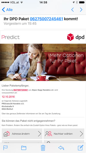 Infomail mit Ankündigung zur Paketzustellung