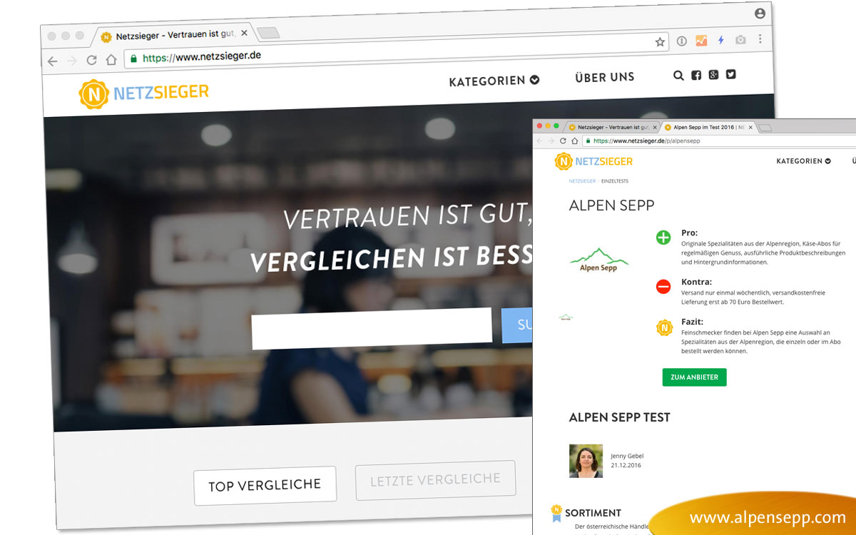 Wertung „Sehr Gut“ für Alpen Sepp von netzsieger.de