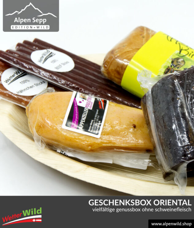 Geschenkbox ORIENTAL ohne Schweinefleisch. Mit Rind, Hirsch, Huhn, Pute und Bäckerei mit Birnen