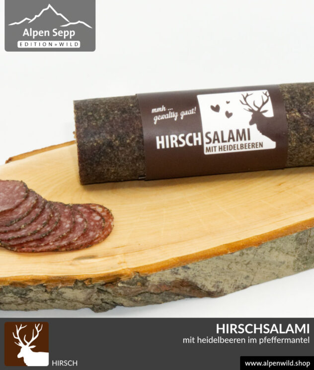 Hirschsalami mit Heidelbeeren im Pfeffermantel