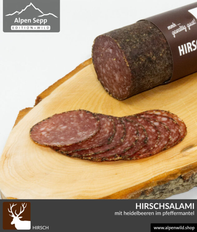 Hirschsalami mit Heidelbeeren im Pfeffermantel