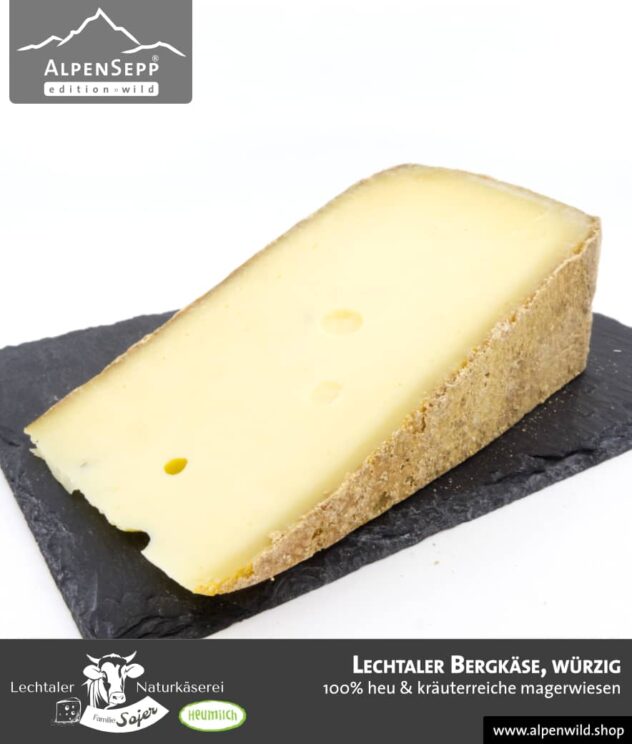 Lechtaler Bergkäse würzig | 100% Heu und kräuterreiche Magerwiese | Lechtaler Naturkäserei in Tirol | 100% Heumilch | 45% F.i.T.