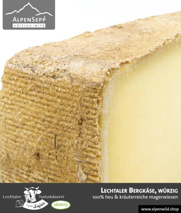 Lechtaler Bergkäse würzig | 100% Heu und kräuterreiche Magerwiese | Lechtaler Naturkäserei in Tirol | 100% Heumilch | 45% F.i.T.