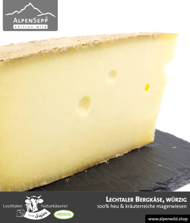 Lechtaler Bergkäse würzig | 100% Heu und kräuterreiche Magerwiese | Lechtaler Naturkäserei in Tirol | 100% Heumilch | 45% F.i.T.