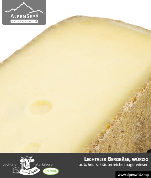 Lechtaler Bergkäse würzig | 100% Heu und kräuterreiche Magerwiese | Lechtaler Naturkäserei in Tirol | 100% Heumilch | 45% F.i.T.