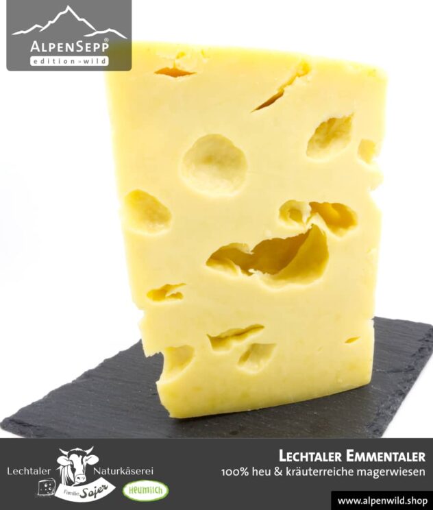 Lechtaler Emmentaler | 100% Heu und kräuterreiche Magerwiese | Lechtaler Naturkäserei in Tirol | 100% Heumilch | 45% F.i.T.