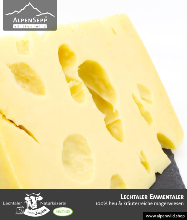 Lechtaler Emmentaler | 100% Heu und kräuterreiche Magerwiese | Lechtaler Naturkäserei in Tirol | 100% Heumilch | 45% F.i.T.