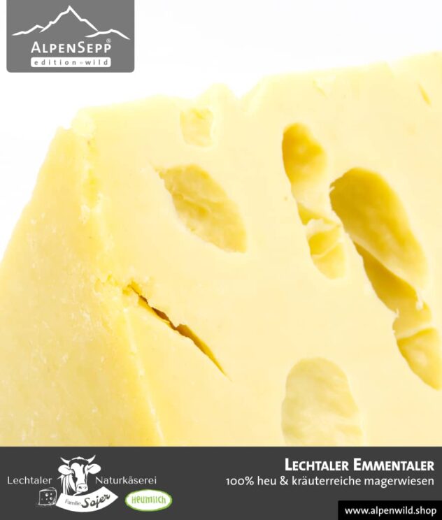 Lechtaler Emmentaler | 100% Heu und kräuterreiche Magerwiese | Lechtaler Naturkäserei in Tirol | 100% Heumilch | 45% F.i.T.