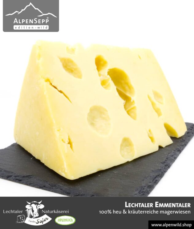 Lechtaler Emmentaler | 100% Heu und kräuterreiche Magerwiese | Lechtaler Naturkäserei in Tirol | 100% Heumilch | 45% F.i.T.