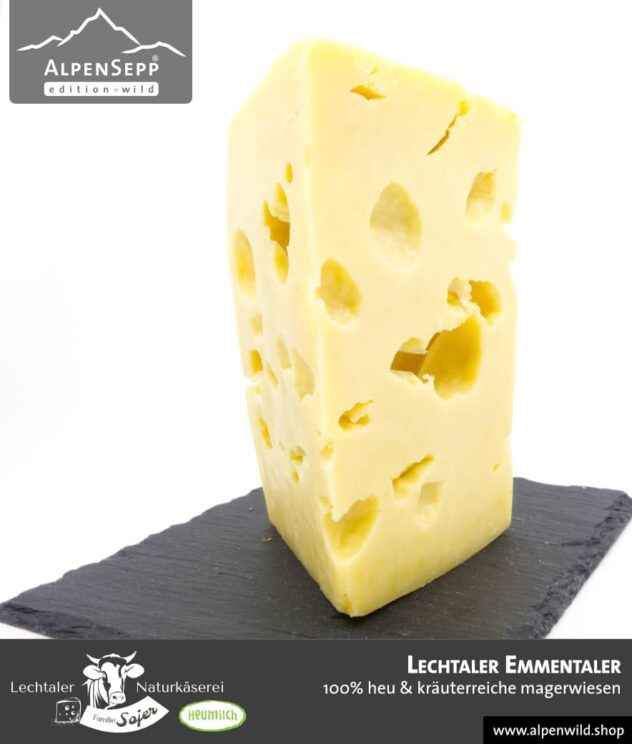 Lechtaler Emmentaler | 100% Heu und kräuterreiche Magerwiese | Lechtaler Naturkäserei in Tirol | 100% Heumilch | 45% F.i.T.